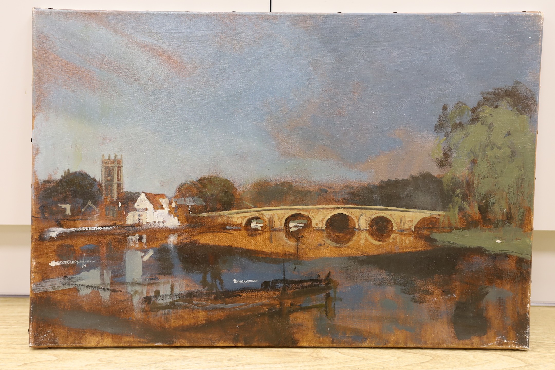 Modern British, oil on canvas, River landscape with church and stone bridge, 50 x 76cm, unframed
